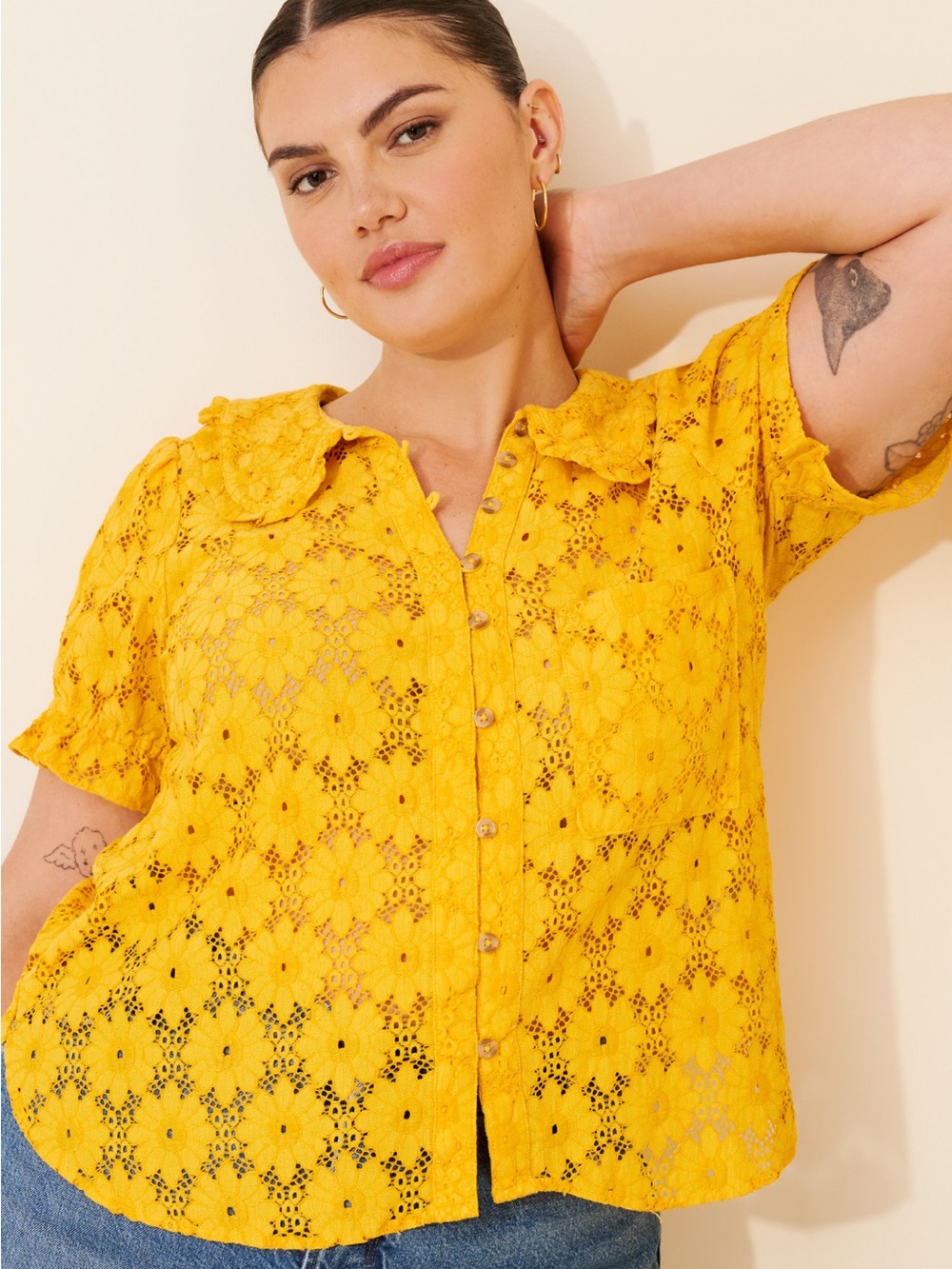 Pilcro Anthropologie Keira Yellow Lace Peter Pan Collar Blouse